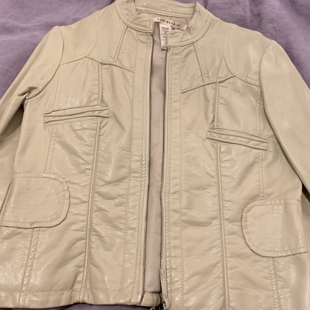 Cropped faux leather moto jacket.